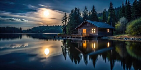 Fototapeta premium Dark Home and Gloomy Cabin by a Serene Lake Under Night Moonlight - Minimalist Landscape Photography