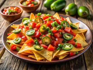 Deliciously Layered Nachos with Salsa and Jalapeno Peppers on Rustic Wooden Table - Macro Photography