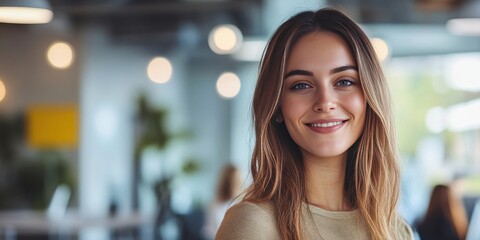 Obraz premium Smiling Young Woman in Modern Office Setting with Soft Lighting