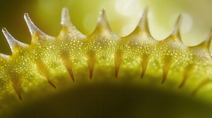 Yellow carnivorous plant teeth and triggers in extreme macro detail showing tiny spikes along curved surface