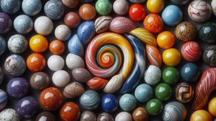 Fototapeta premium Spiral arrangement of multicolored glass marbles showing intricate pattern with various colors and reflections