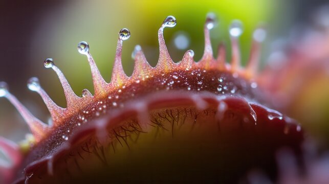 Red carnivorous plant mouth with sharp spikes captured in extreme macro showing detailed structure