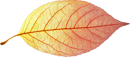 Yellow and red leaf on transparent background, macro nature photography concept