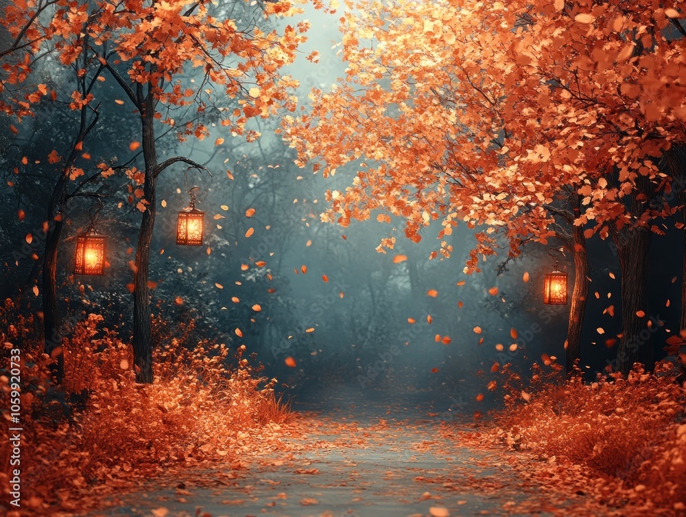 Poster illuminated path through a mystical autumn forest