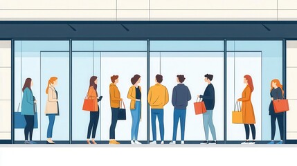 Line of customers waiting to enter, decorative storefront, grand opening anticipation