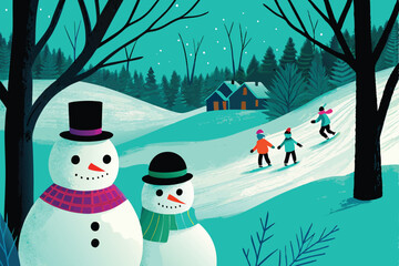 A whimsical winter wonderland with adorable snowmen frolicking in a snowy forest.