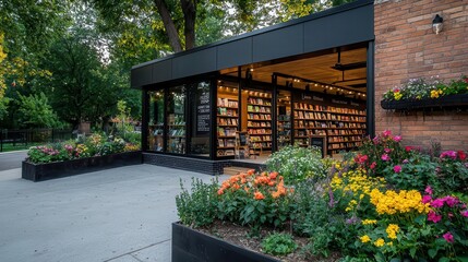 Newly opened bookstore with rows of flowers outside, inviting atmosphere, literary grand opening