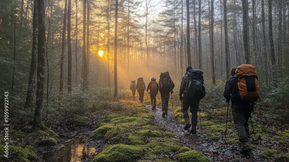 Poster groups of hikers navigate a mossy trail in a serene forest as the sun rises, creating a warm glow an
