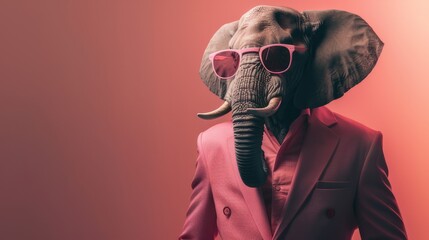 A stylish elephant in a neat pink suit and glasses struts with confidence, exuding undeniable coolness.