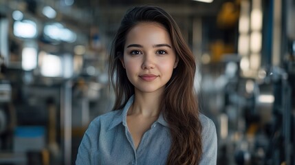 Obraz premium Confident Young Woman in Industrial Setting: A Portrait of Empowerment and Professionalism