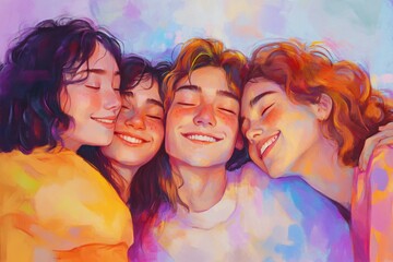 Fototapeta premium Group of Friends in Soft Pastel Illustration