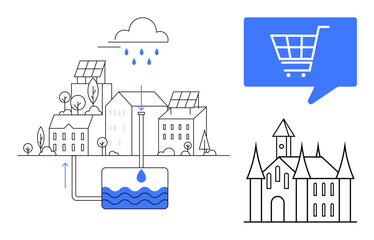 Fototapeta premium Town buildings with solar panels, rainwater harvesting system, blue shopping cart icon, and castle illustration. Ideal for sustainability, technology, e-commerce, urban planning, architecture