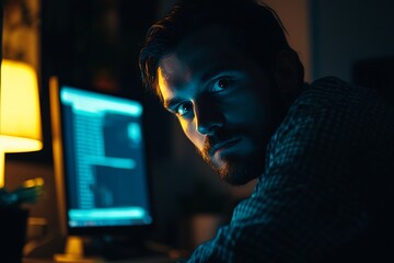 A focused man is working intently at a computer in a dimly lit room, illuminated by blue and yellow light, creating a contemplative atmosphere.