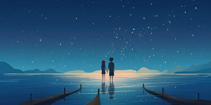 Couple on the shore. sea. Honeymoon trip. Lovers on the beach. Wedding travel. Couple on vacation. Night Sky Stars Poster. Copy space