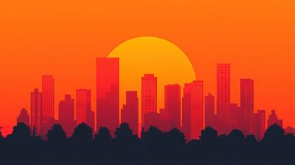 Fototapeta premium vibrant city skyline silhouetted against large orange sun, creating stunning sunset scene. shimmering heatwaves illustrate stifling heat of day