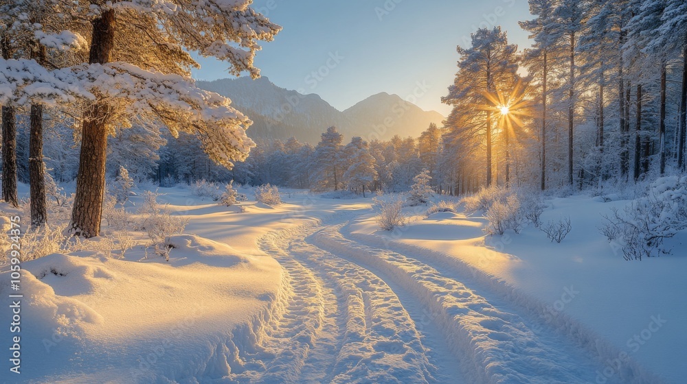Poster fresh snow blankets a serene forest path as sunlight filters through towering pine trees, casting go