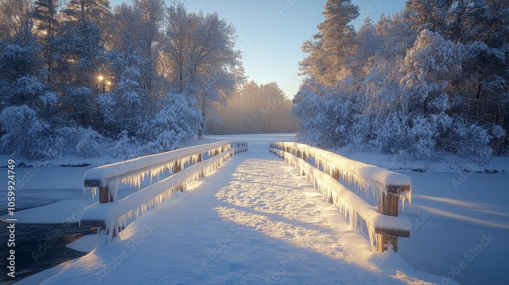 Poster a tranquil winter morning reveals a bridge blanketed in snow, with shimmering icicles hanging overhe