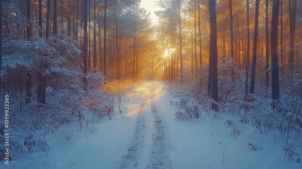 Poster A tranquil winter morning unfolds with soft sunlight illuminating a snow-covered forest path. Tall pine trees frame the scene as gentle rays pierce through the branches, creating a serene atmosphere.