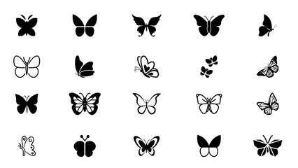 Butterfly icon design. Silhouettes of butterflies. Black pictures of funny butterflies. Insect butterfly black silhouette, winged gorgeous animal, vector illustration.  