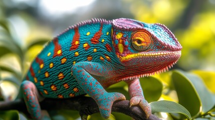 Fototapeta premium Vibrant Chameleon Close Up Green Leaves Reptile Lizard Exotic Pet Nature Wildlife A