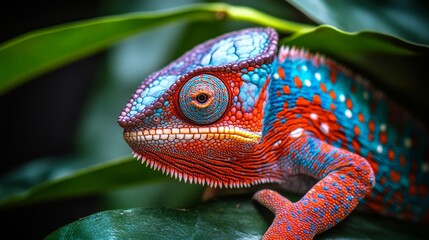 Fototapeta premium Close Up of a Colorful Chameleon with Green Leaves in the Background