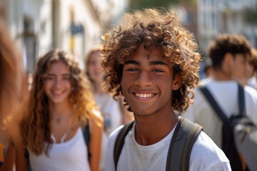 Fototapeta premium A group of smiling college students walking on street with backpacks .