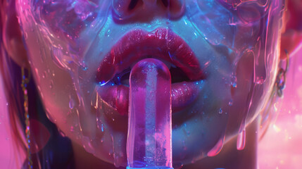 Neon-Inspired Close-Up of Glossy Lips with Popsicle and Melting Effect