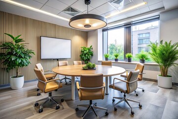 Fototapeta premium Modern Office Meeting Room for Productive Collaboration with Round Table, Projector Screen, and Minimalist Design Enhancing Business Discussions and Team Engagement
