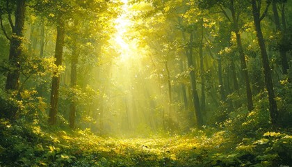 Obraz premium Sunlight Illuminating a Lush Green Forest Clearing
