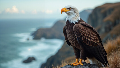 Fototapeta premium Majestic Bald Eagle Perched on Coastal Cliff Edge Overlooking Vast Ocean Horizon