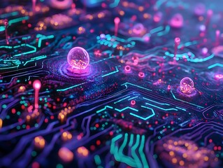 Fototapeta premium Mesmerizing Fusion of Biology and Neon Hued Technology Microscopic Perspective of a Living Circuit Board