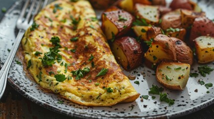 A fluffy omelette made with avocado oil alongside a side of crispy and seasoned potatoes.
