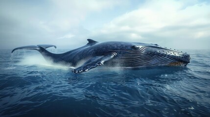 Obraz premium A humpback whale with its tail splashing as it glides through the ocean.