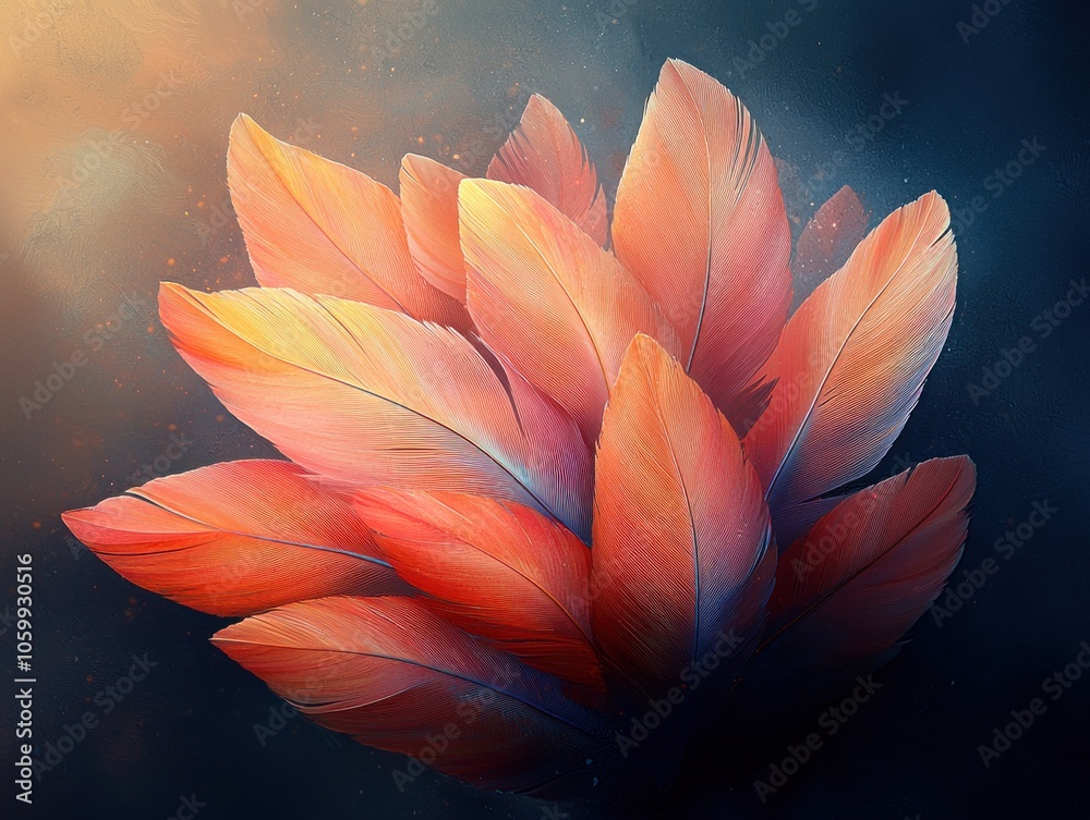 Poster a close-up of vibrant orange and red feathers against a dark background