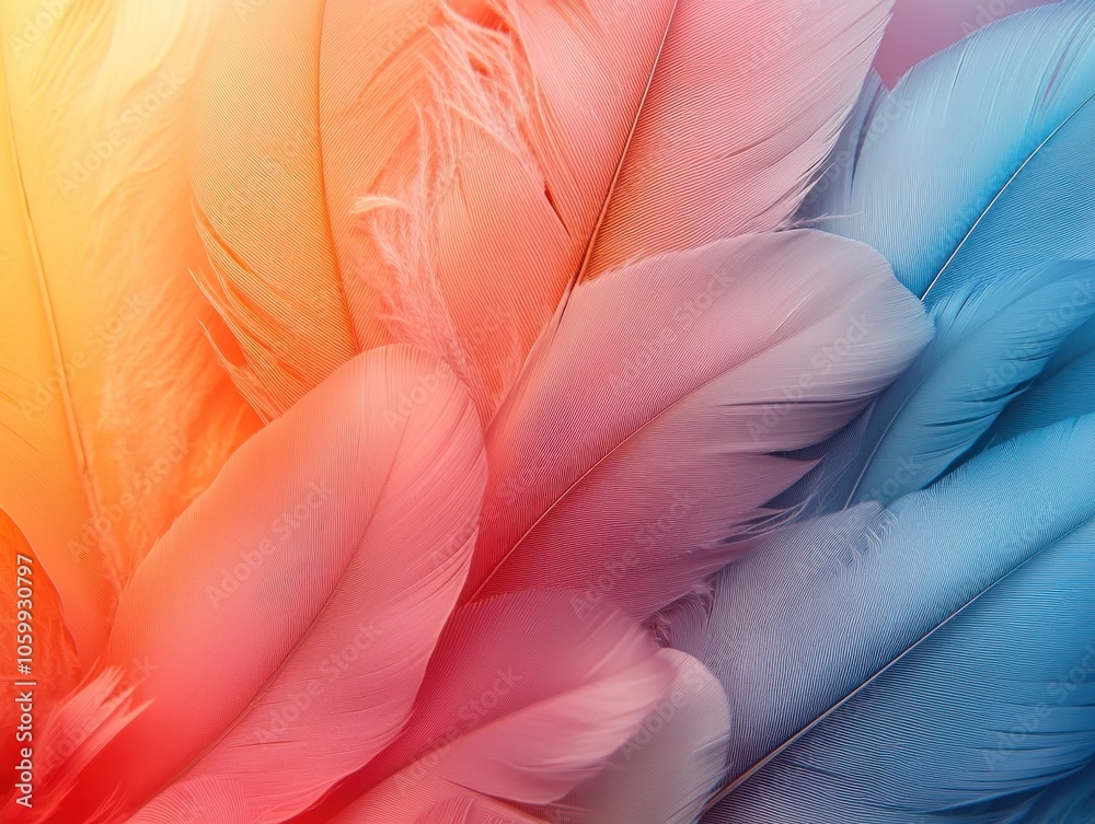 Poster Close-Up of Soft, Multicolored Bird Feathers with Gradient Hues