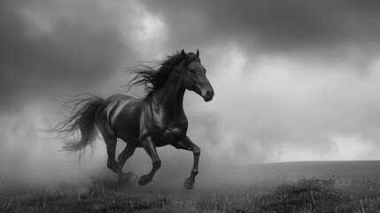 Obraz premium A galloping horse in a stormy environment.