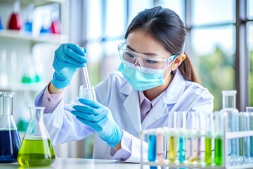 Fototapeta premium Young female scientist working in a laboratory, Freiburg im Breisgau, Baden-Württemberg, Germany