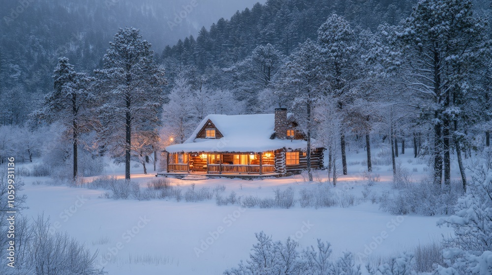 Aufkleber a charming log cabin with warm lights shines through the snow-covered trees, nestled in a peaceful w