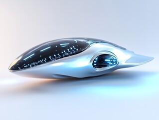  Futuristic Silver UFO with LED Lights on White Background.