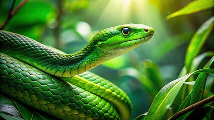 Fototapeta premium Serene Silhouette of a Green Snake Gliding Through Lush Greenery - Nature, Wildlife, Reptile, Serpent, Jungle, Forest, Habitat, Animal, Environment, Exotic