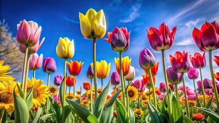 Colorful tulips and sunflowers standing tall in a vibrant garden against a clear blue sky, blooming flowers, sunflowers