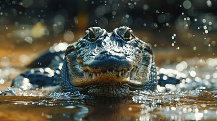 An alligator is partially submerged, swimming on top of a body of water with ripples.