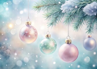 Simple Watercolor Christmas Ornaments, Panoramic View of Delicate Holiday Decor, Soft Pastel Colors, Hanging Decorations, Seasonal Cheer, Festive Atmosphere, Artistic Touch