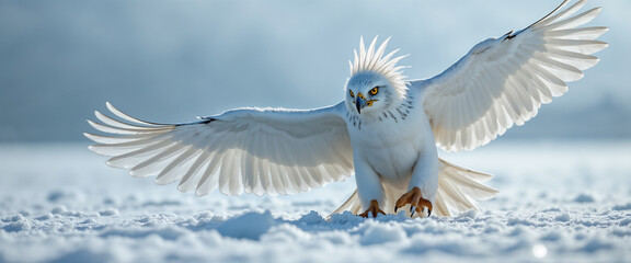 Obraz premium Majestic Snowy Owl Displaying Powerful Wings Against Winter Landscape