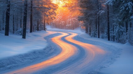Obraz premium A winding road covered in snow meanders through a serene forest as the sun rises in the background. The warm glow contrasts beautifully with the cool tones of winter.