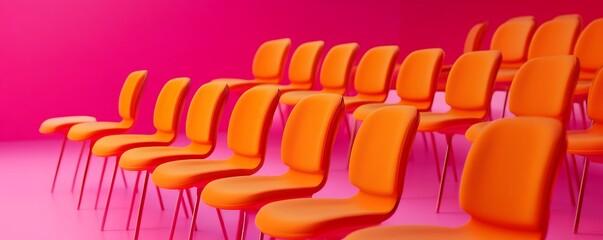 A vibrant arrangement of orange chairs against a bright pink background.