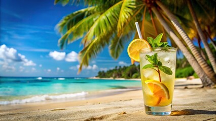 Close-up of a refreshing drink on a tropical beach, refreshing drink, sky