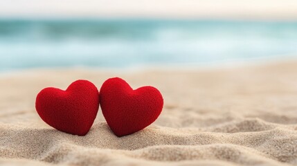 Fototapeta premium Two Red Hearts on a Sandy Beach, Symbol of Love and Romance