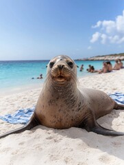 Fototapeta premium Curious seal relaxing on tropical beach