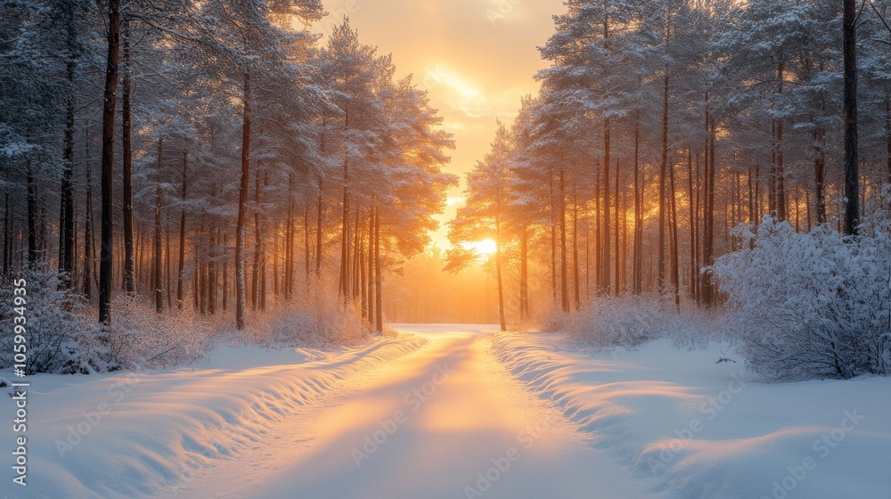 Aufkleber the sun rises over a snowy path that winds through a forest of tall pine trees. soft light filters t